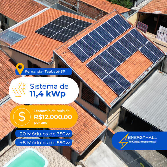 Sistema de 11,4 kWp Economia de mais de R$12mil por ano.