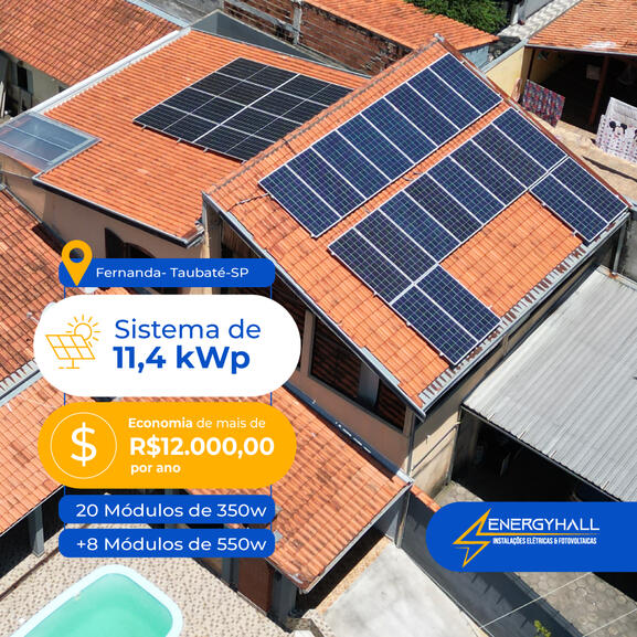 Sistema de 11,4 kWp Economia de mais de R$12mil por ano.