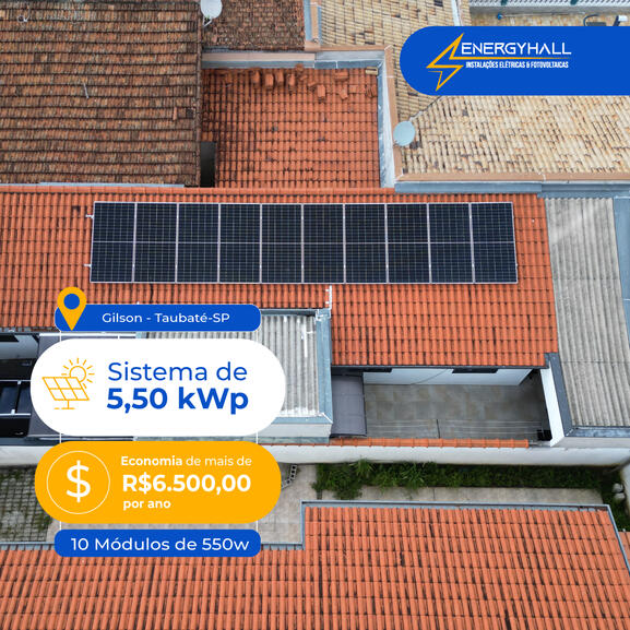 Sistema de 5,5 kWp Economia de mais de R$6.500,00 por ano.