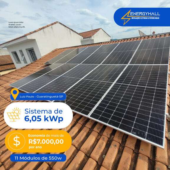 Sistema de 6,05 kWp Economia de mais de R$ 7mil por ano.