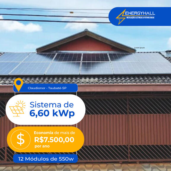 Sistema de 6,60 kWp Economia de mais de R$7.500,00 por ano.