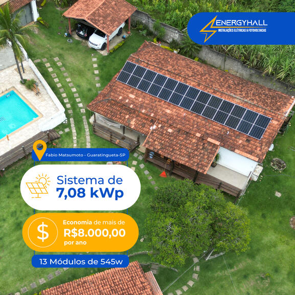 Sistema de 7,08 kWp Economia de mais de R$8mil por ano.